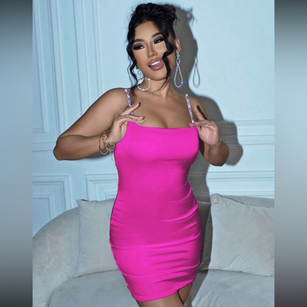 Rhinestone Strap Satin Bodycon